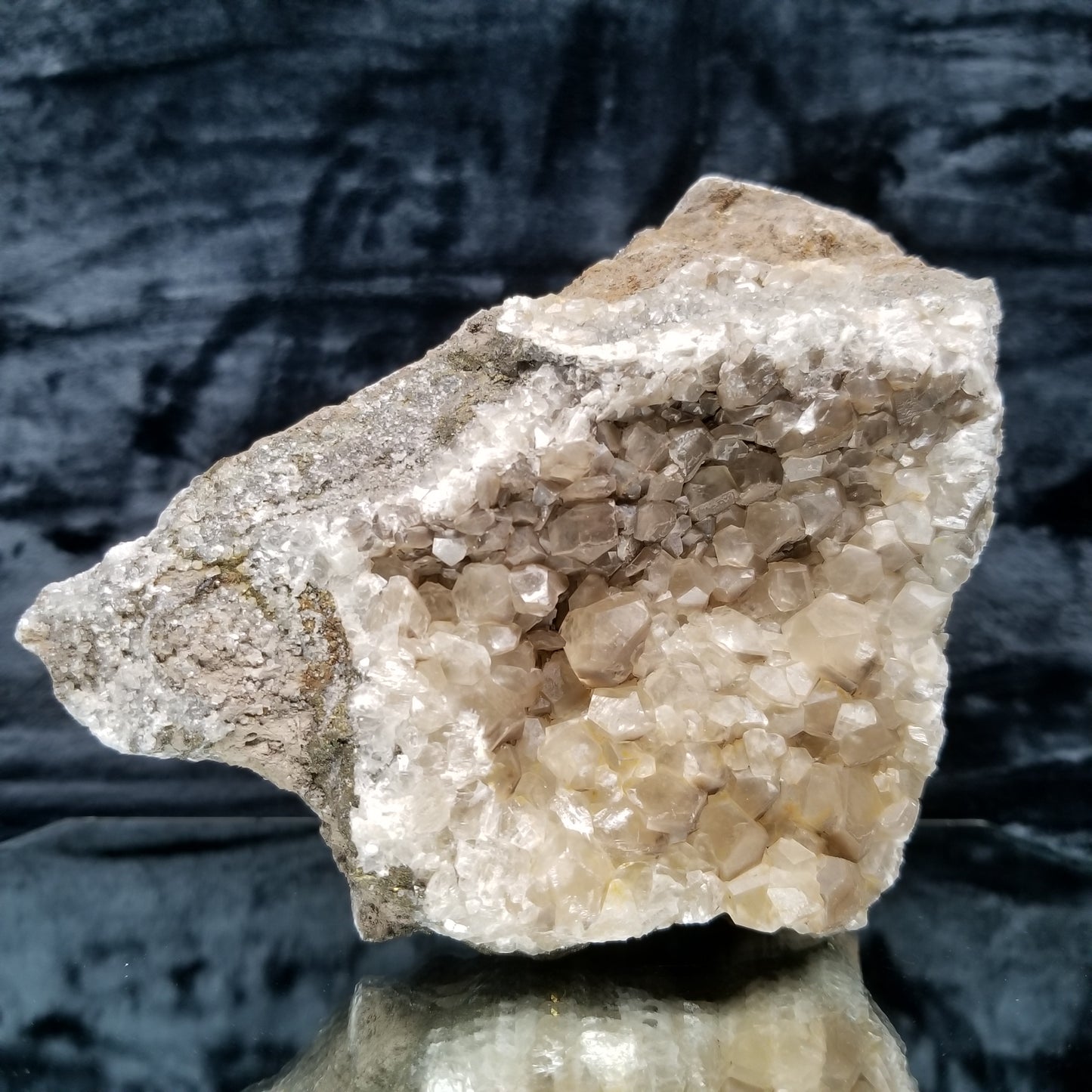 #33013 Clear Nailhead Spar Calcite cluster, Chalcopyrite ore and multiple small fossils in the matrix