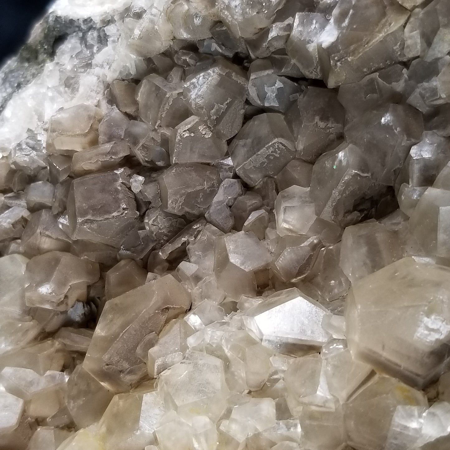 #33013 Clear Nailhead Spar Calcite cluster, Chalcopyrite ore and multiple small fossils in the matrix