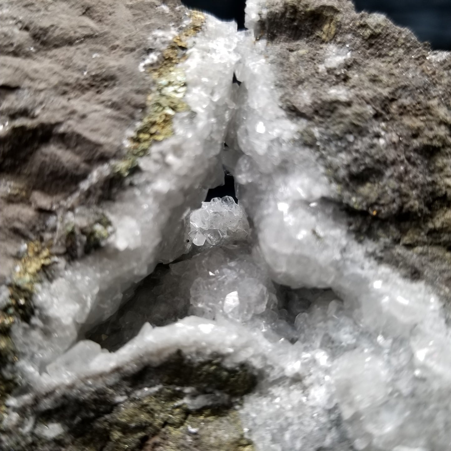 #33016 Super clear Nailhead Spar Calcite and Dogtooth Spar Calcite geode, Chalcopyrite ore and multiple small fossils in the matrix