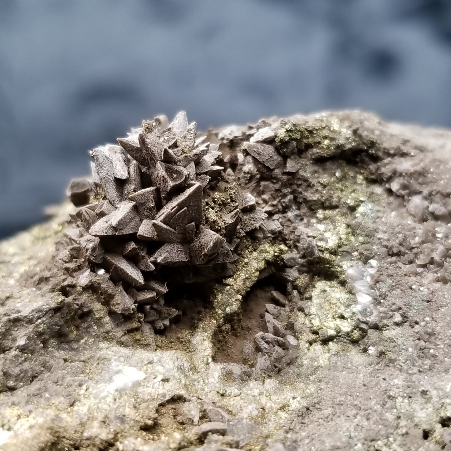 #33016 Super clear Nailhead Spar Calcite and Dogtooth Spar Calcite geode, Chalcopyrite ore and multiple small fossils in the matrix