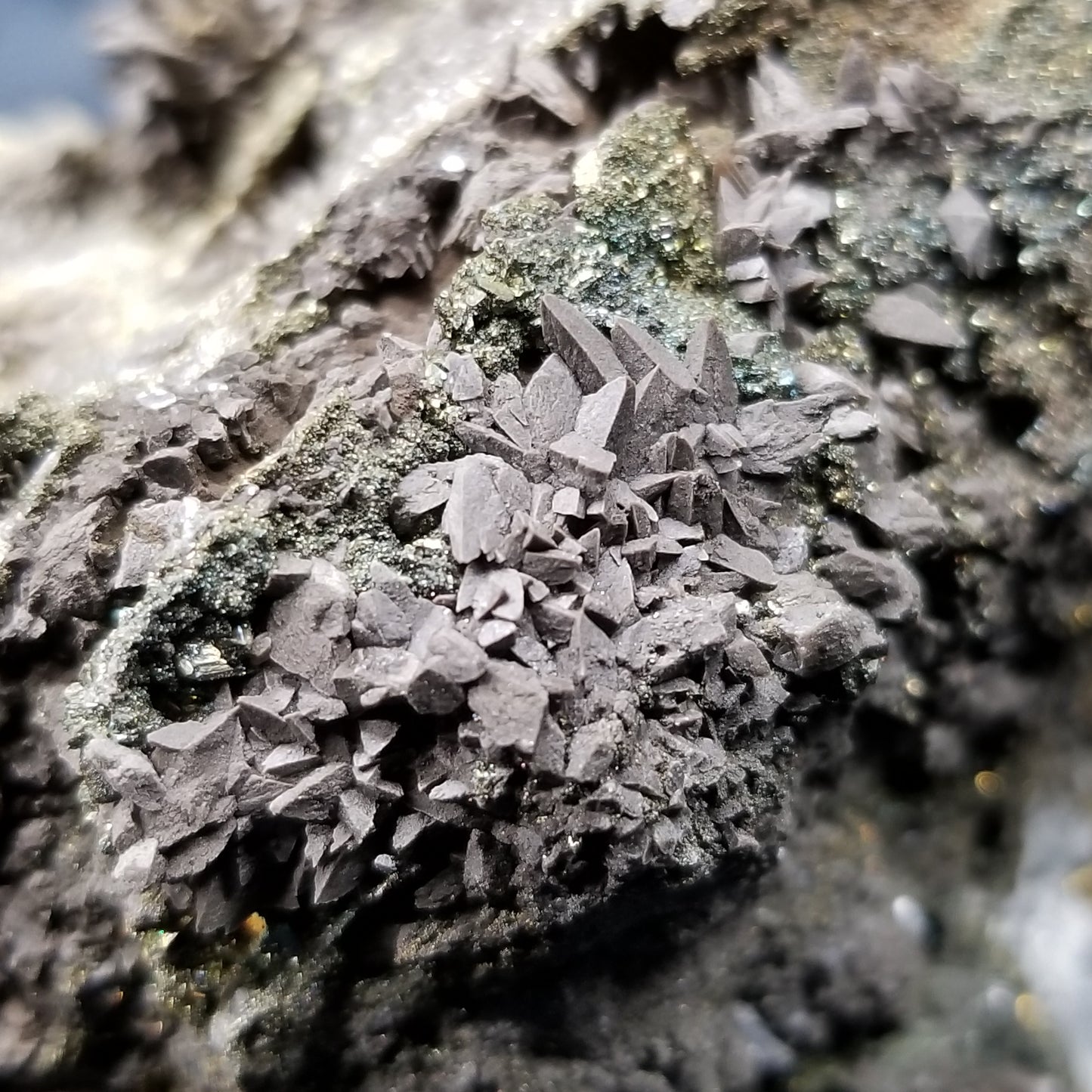 #33016 Super clear Nailhead Spar Calcite and Dogtooth Spar Calcite geode, Chalcopyrite ore and multiple small fossils in the matrix