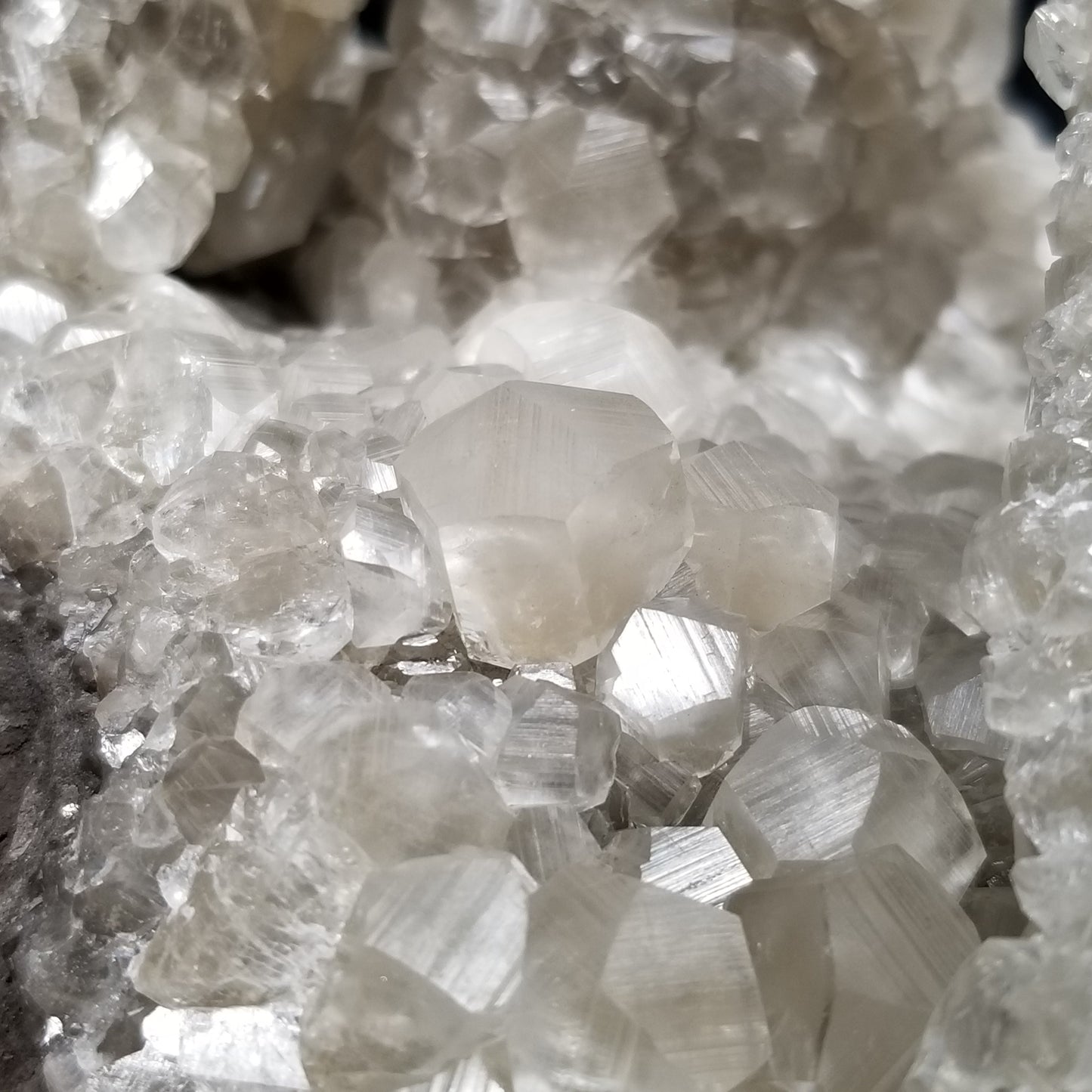 #33018 Super clear Nailhead Spar Calcite cluster, Chalcopyrite ore and multiple small fossils in the matrix