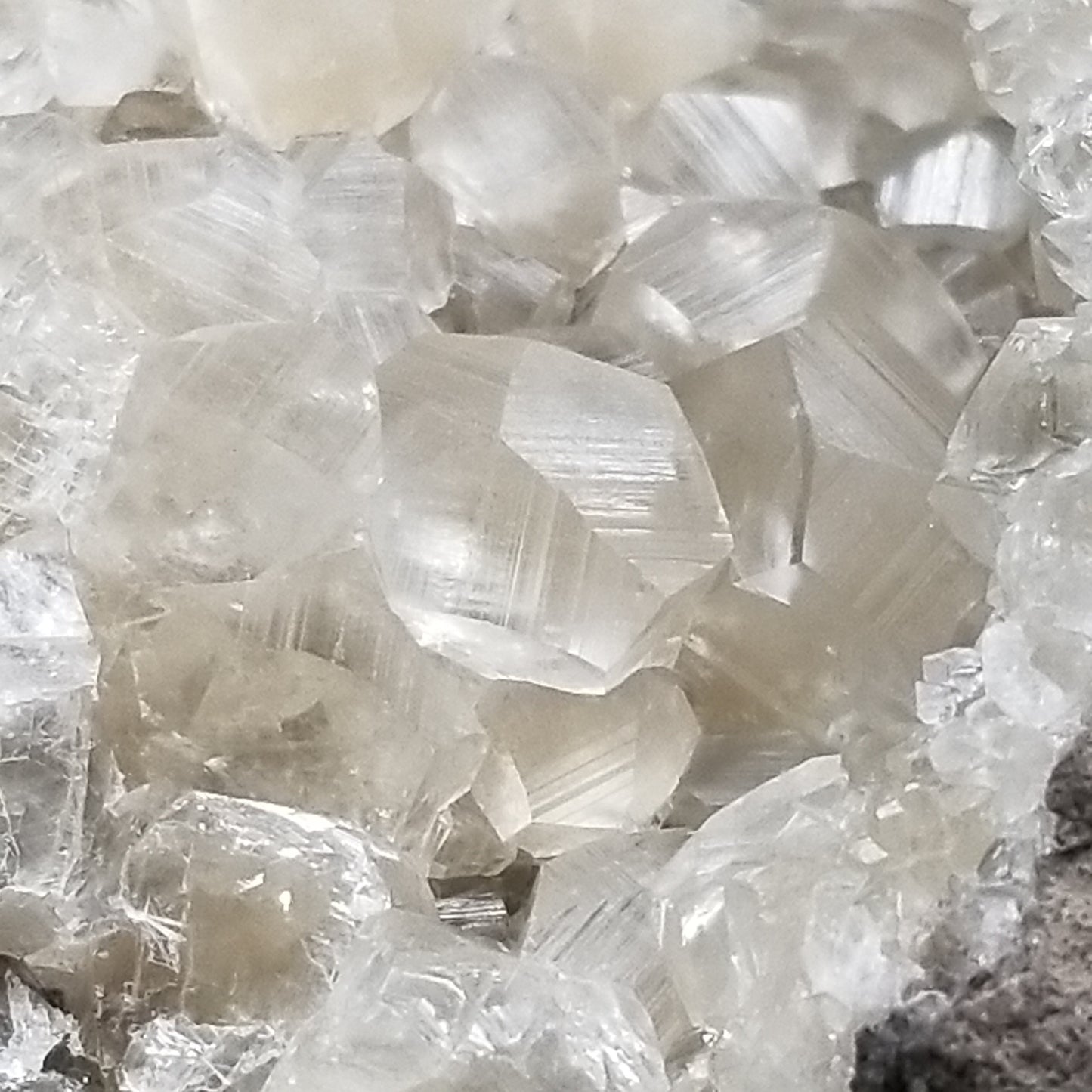 #33018 Super clear Nailhead Spar Calcite cluster, Chalcopyrite ore and multiple small fossils in the matrix