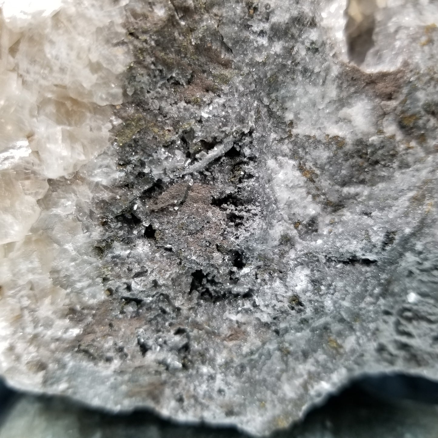 #33019-B Super clear Nailhead Spar Calcite cluster, Chalcopyrite ore and multiple small fossils in the matrix