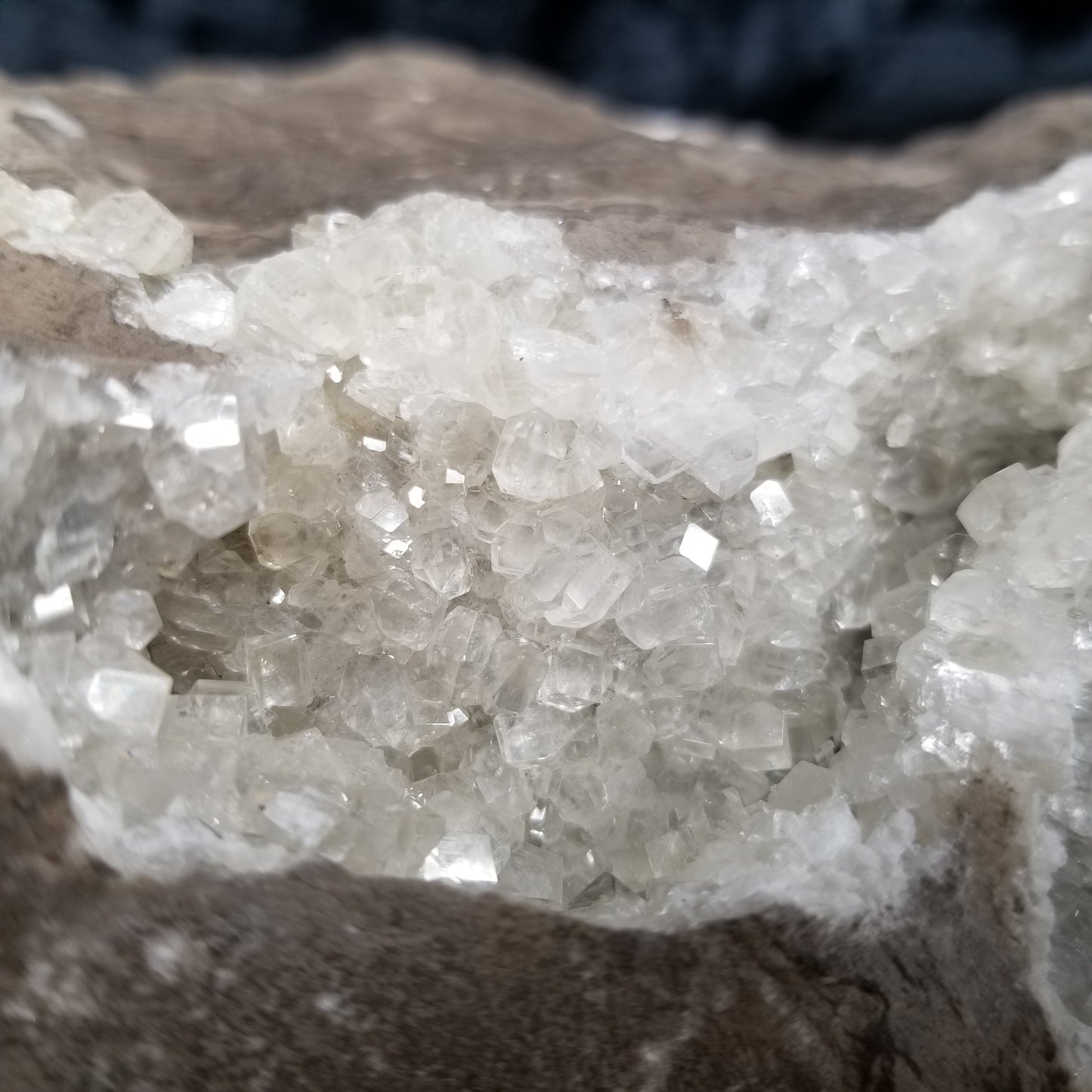 #33020 Super clear Nailhead Spar Calcite geode, Chalcopyrite ore and multiple small fossils in the matrix