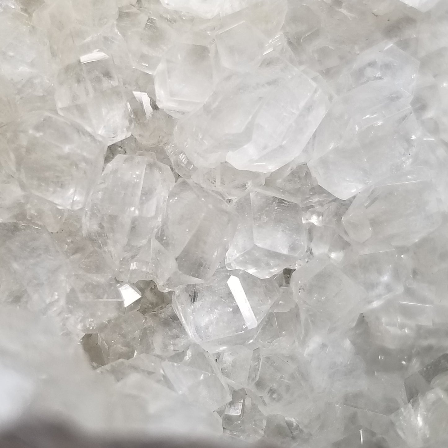 #33020 Super clear Nailhead Spar Calcite geode, Chalcopyrite ore and multiple small fossils in the matrix