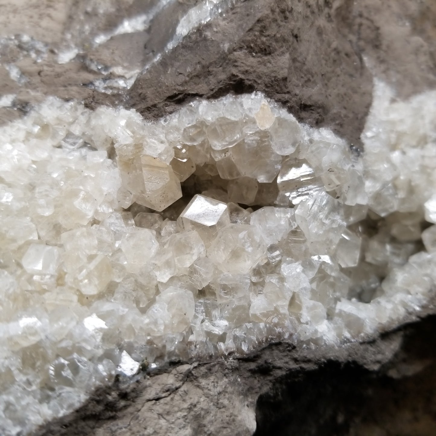 #33021 Super clear Nailhead Spar Calcite geode, Chalcopyrite ore and multiple small fossils in the matrix