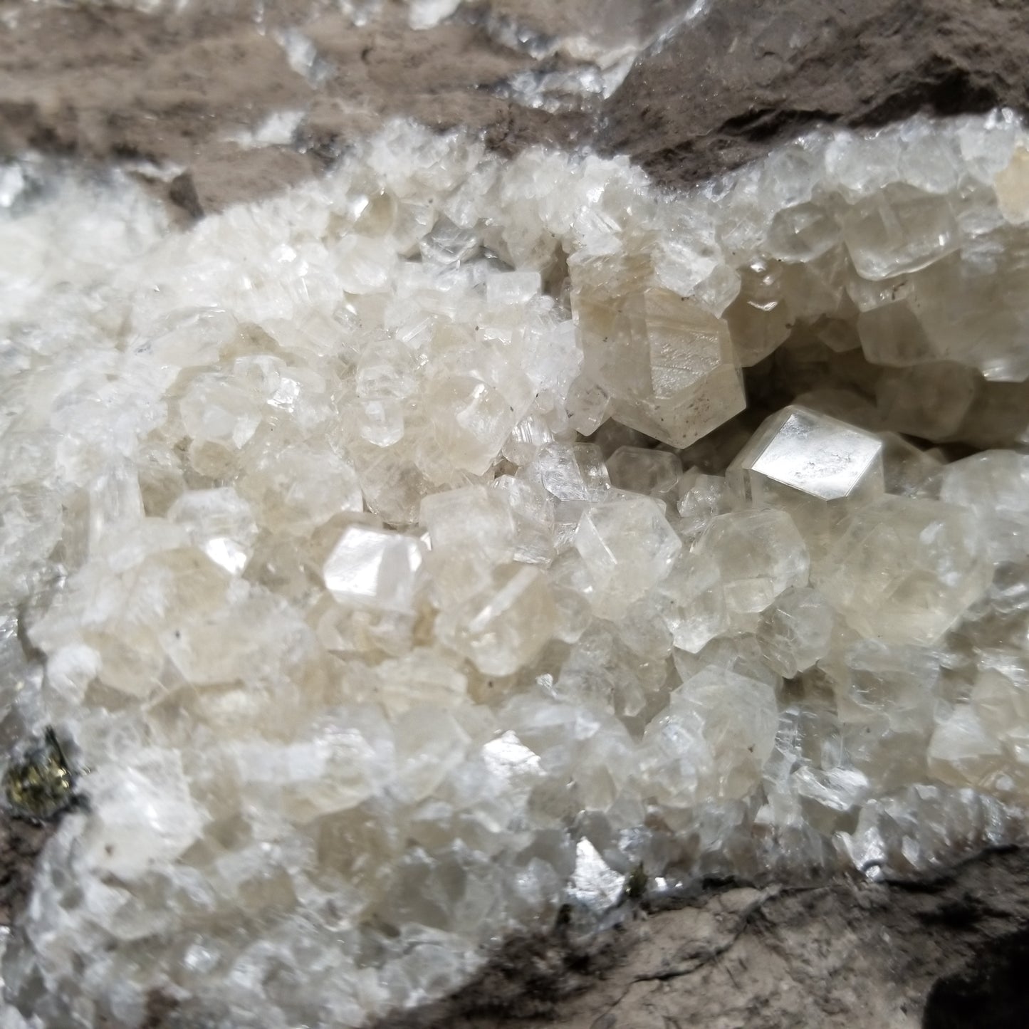 #33021 Super clear Nailhead Spar Calcite geode, Chalcopyrite ore and multiple small fossils in the matrix
