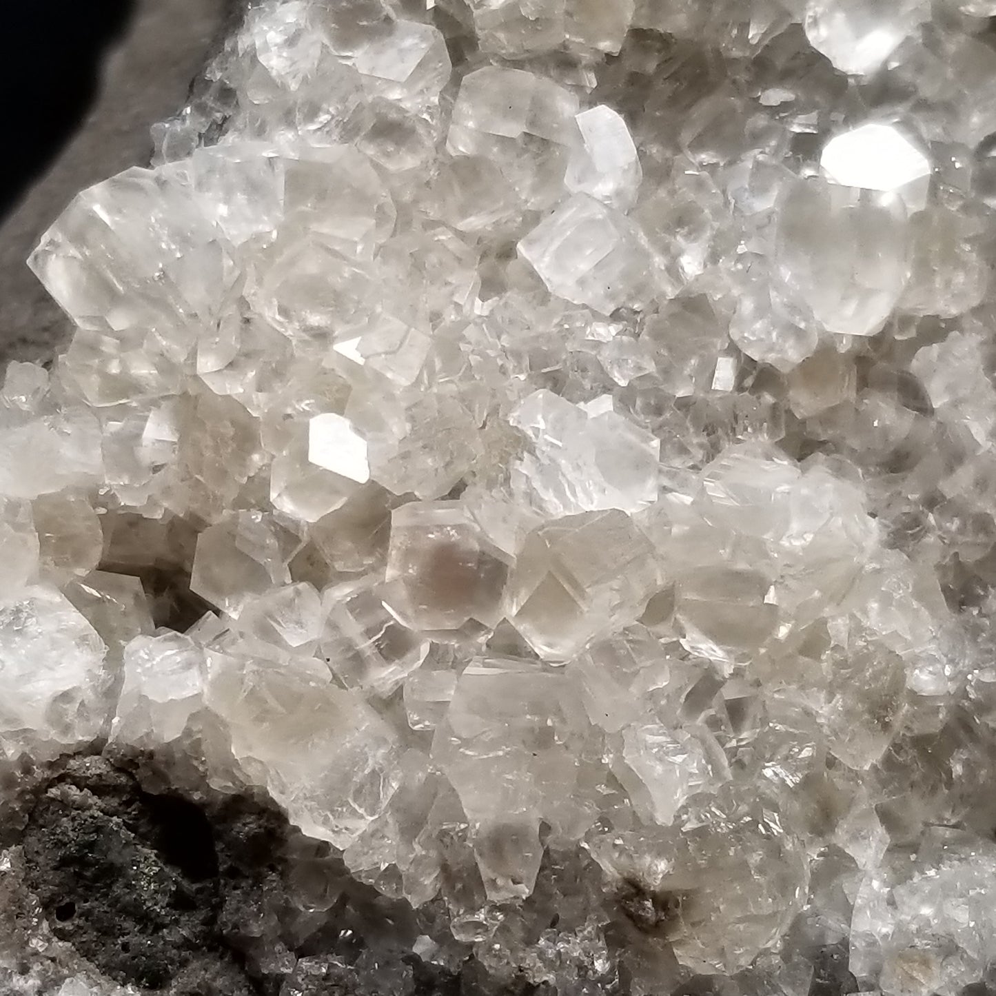 #33023 Super clear Nailhead Spar Calcite goede, Chalcopyrite ore and multiple small fossils in the matrix
