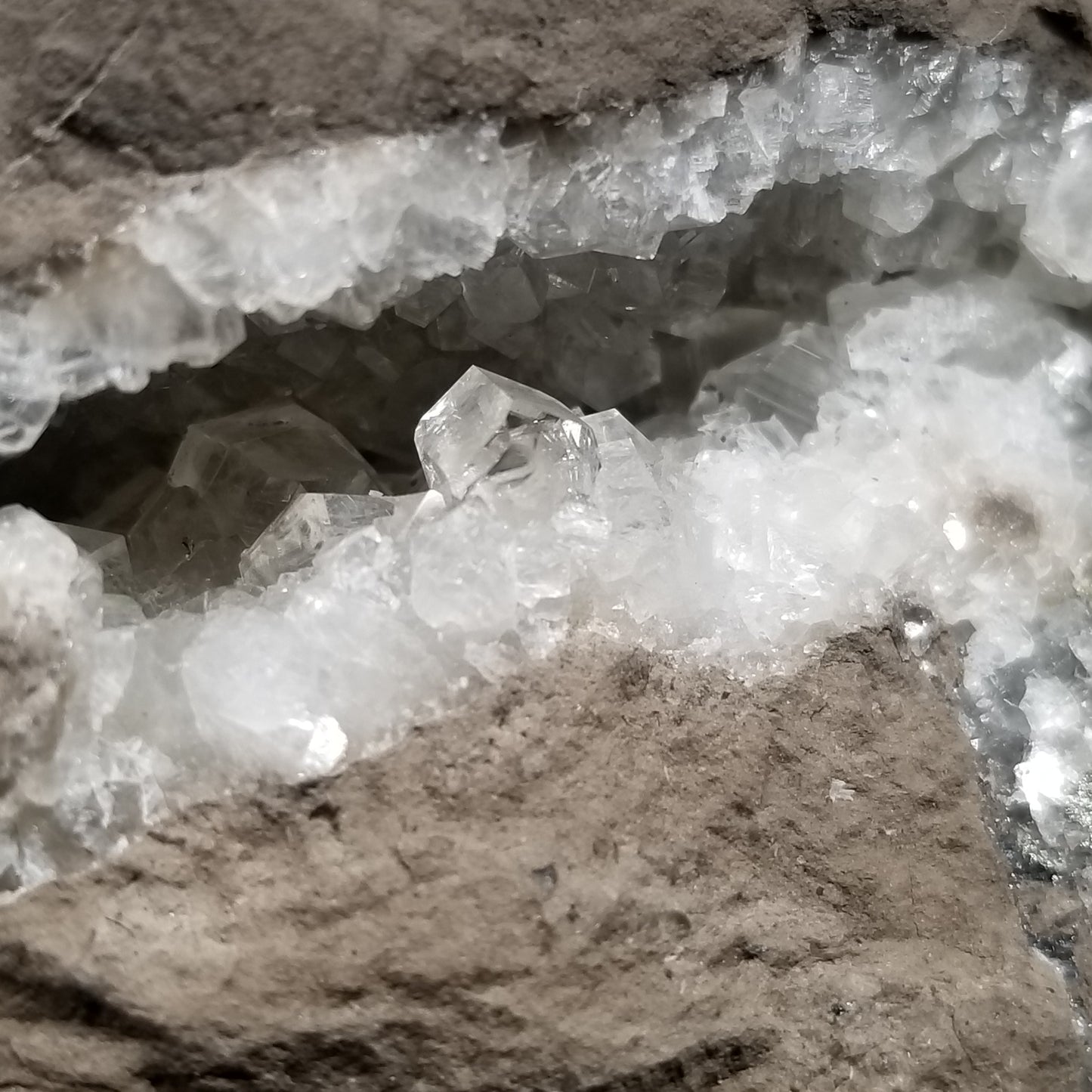 #33024 Super clear Nailhead Spar Calcite geode, Chalcopyrite ore and multiple small fossils in the matrix