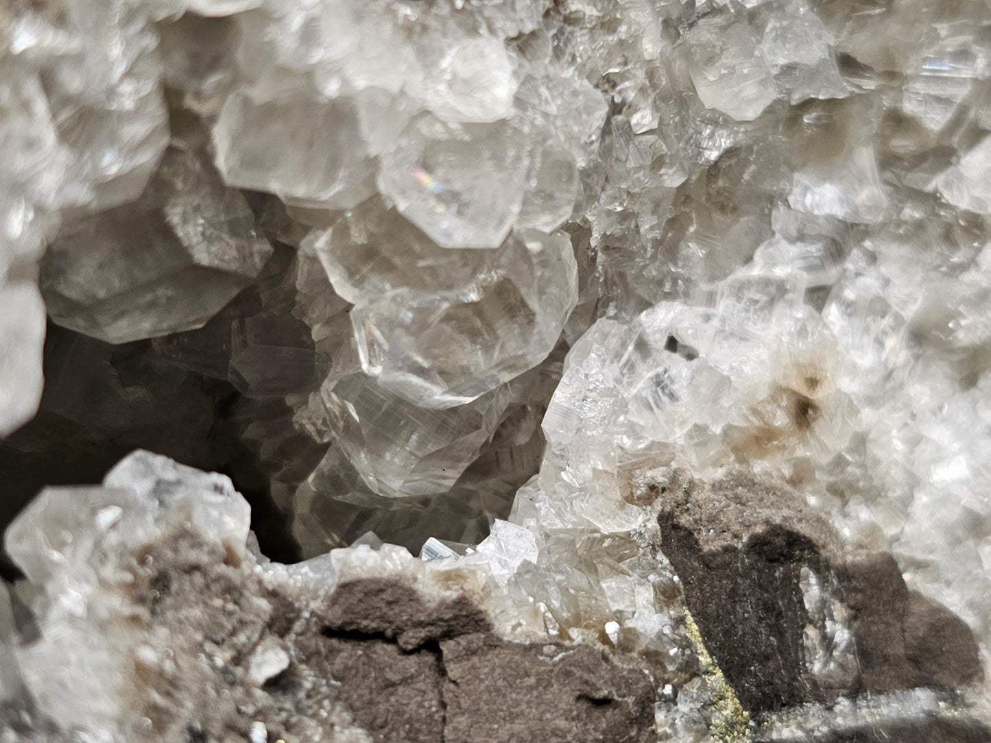 #33030 Super clear Nailhead Spar Calcite geode, Chalcopyrite ore and multiple small fossils in the matrix