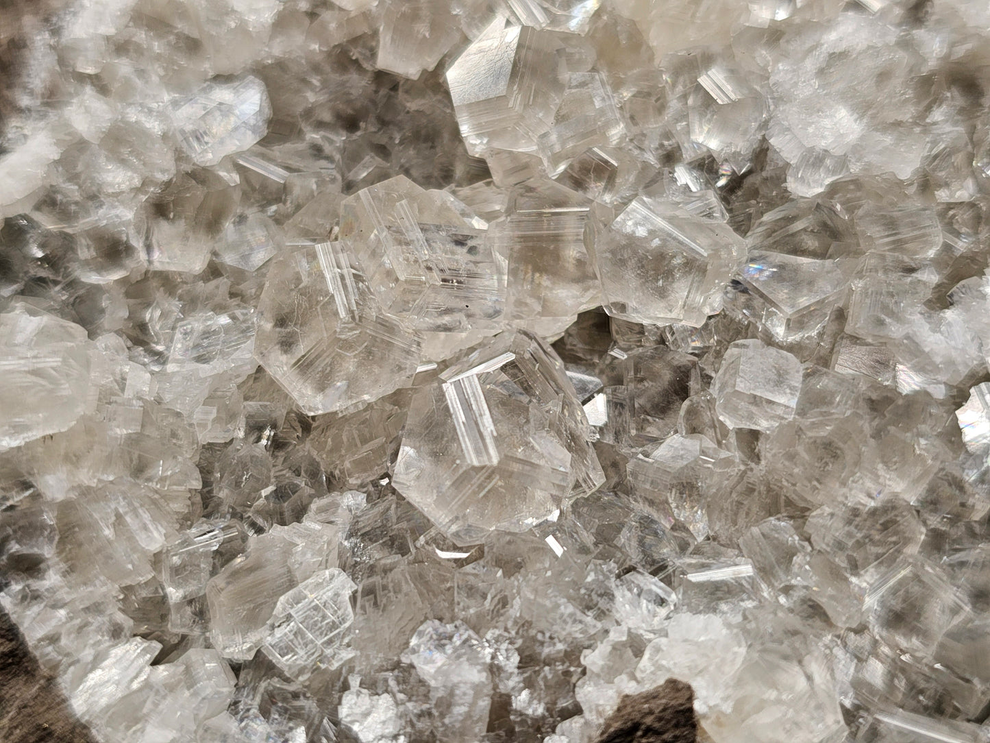 #33031 Super clear Nailhead Spar Calcite cluster, Chalcopyrite ore, rare **Turritella** and multiple small fossils in the matrix