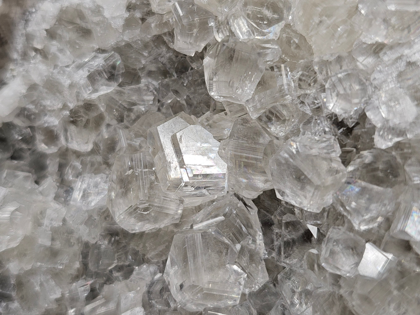 #33031 Super clear Nailhead Spar Calcite cluster, Chalcopyrite ore, rare **Turritella** and multiple small fossils in the matrix