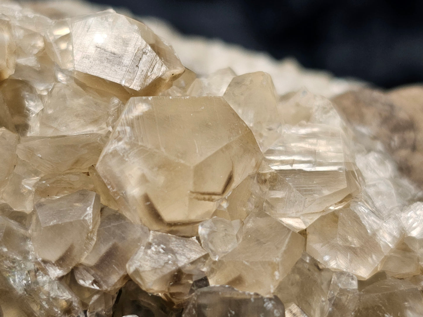 #33031 Super clear Nailhead Spar Calcite cluster, Chalcopyrite ore, rare **Turritella** and multiple small fossils in the matrix