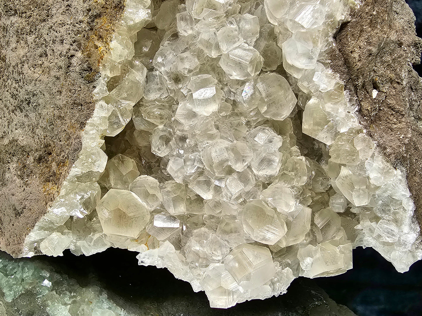 #33040 Super clear Nailhead Spar Calcite cluster, Chalcopyrite ore and multiple small fossils in the matrix