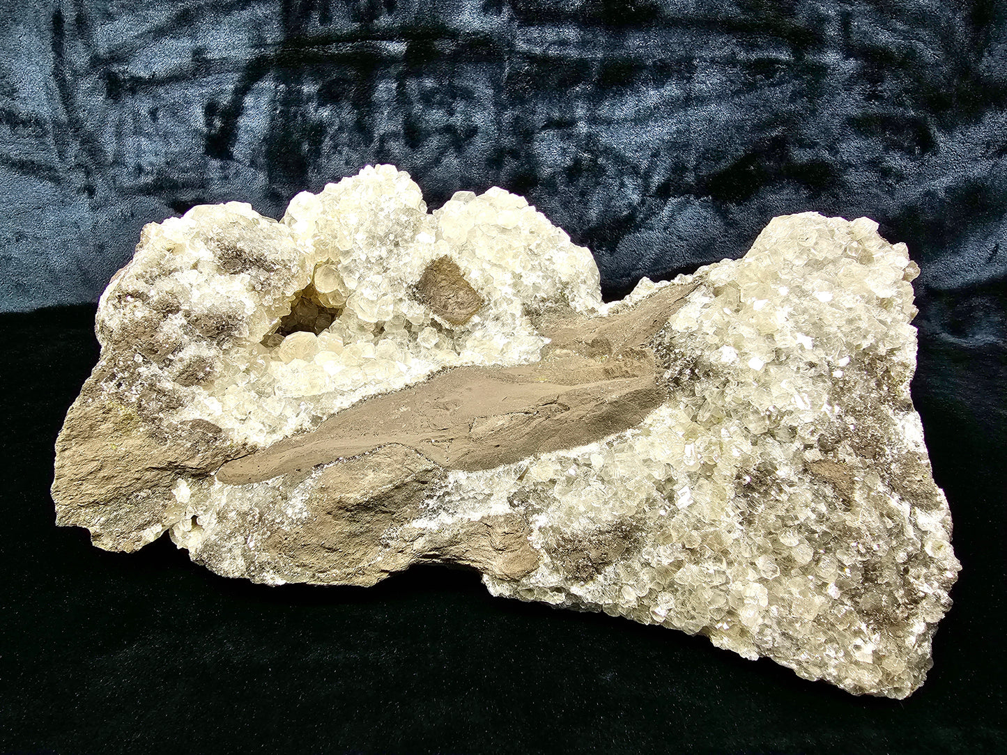 #33037 Super clear Nailhead Spar Calcite geode, Chalcopyrite ore and multiple small fossils in the matrix