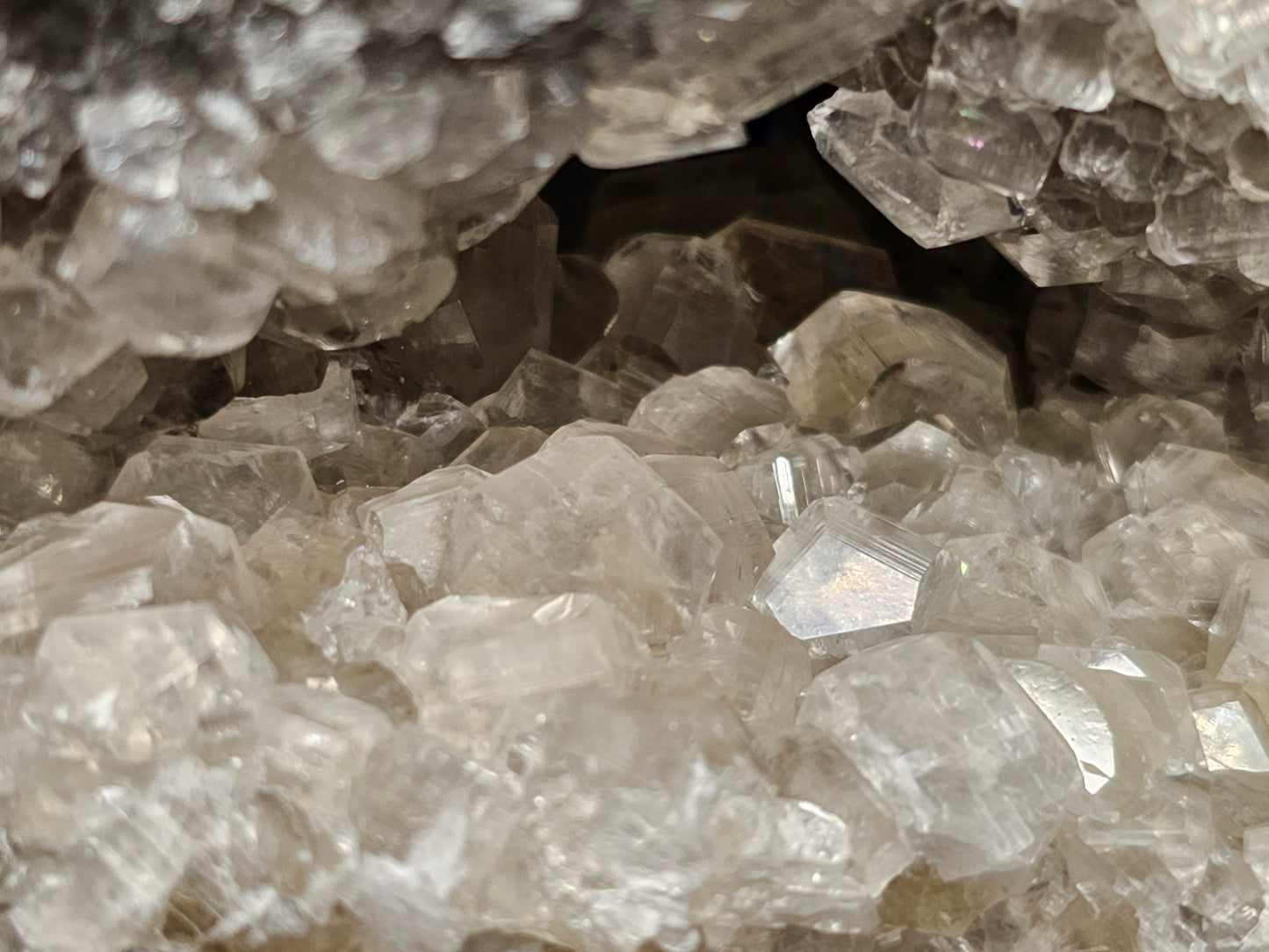 #33037 Super clear Nailhead Spar Calcite geode, Chalcopyrite ore and multiple small fossils in the matrix