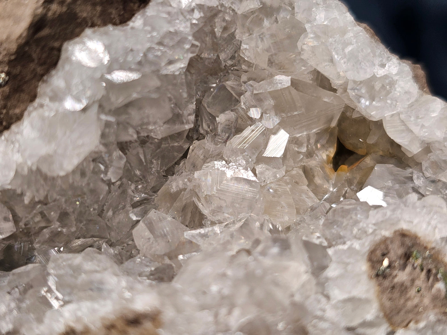 #33048 Super clear Nailhead Spar Calcite cluster, Chalcopyrite ore and multiple small fossils in the matrix
