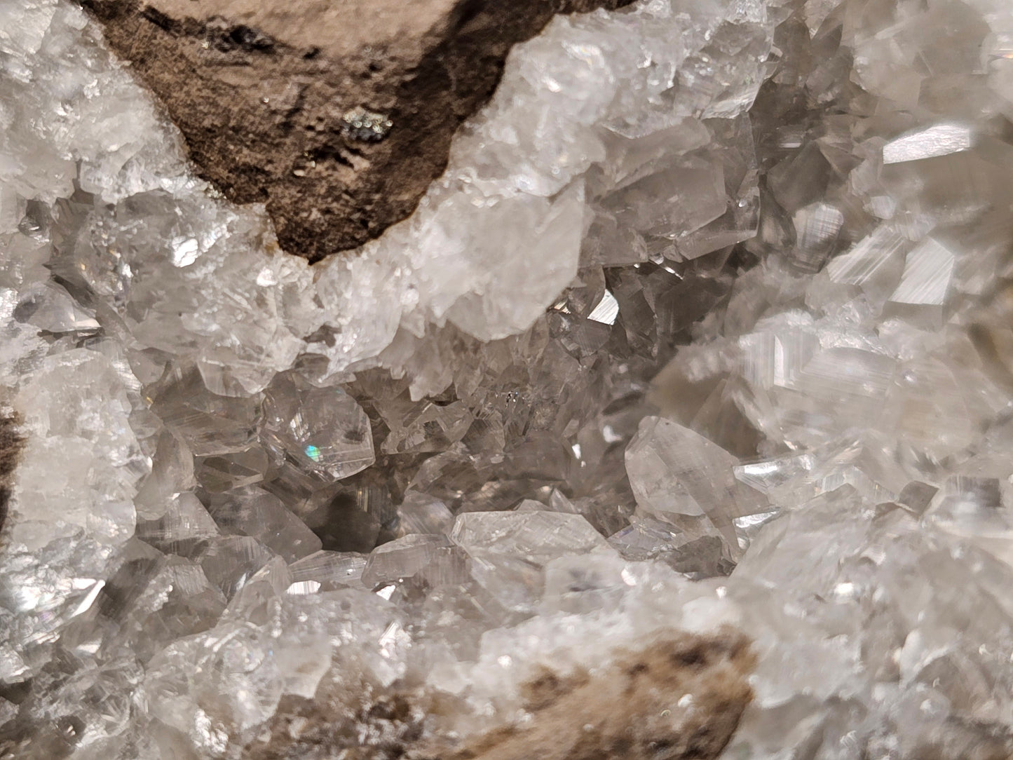 #33048 Super clear Nailhead Spar Calcite cluster, Chalcopyrite ore and multiple small fossils in the matrix