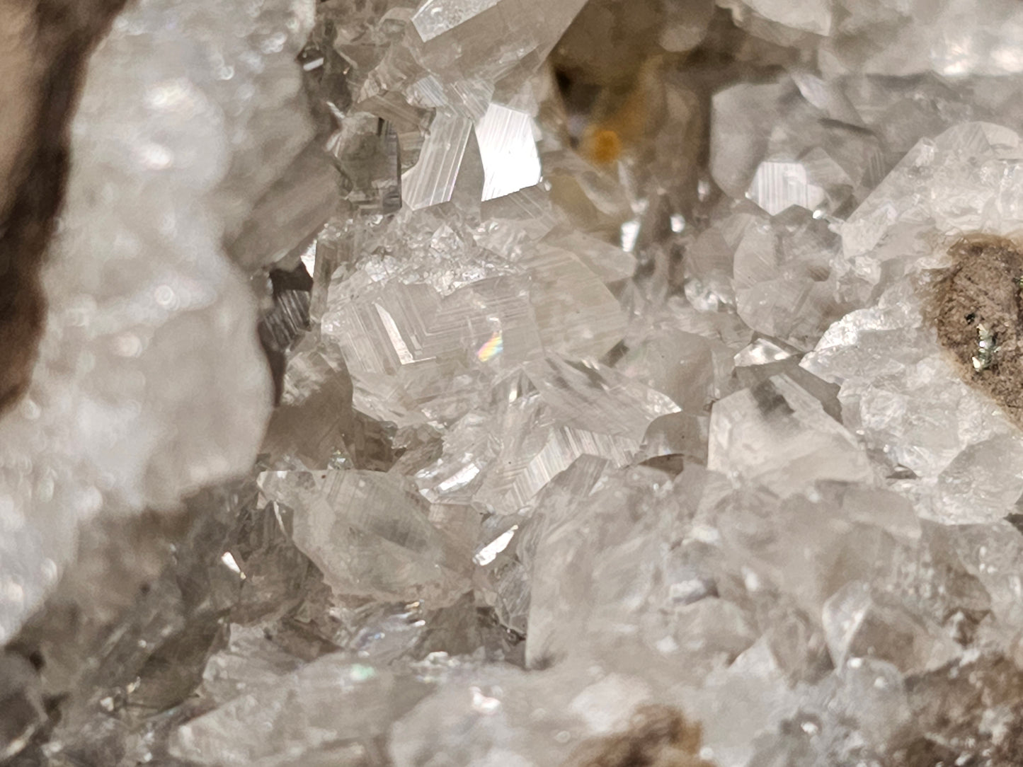 #33048 Super clear Nailhead Spar Calcite cluster, Chalcopyrite ore and multiple small fossils in the matrix