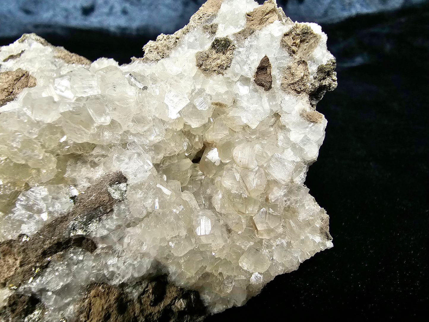 #33053 Super clear Nailhead Spar Calcite cluster, Chalcopyrite ore and multiple small fossils in the matrix