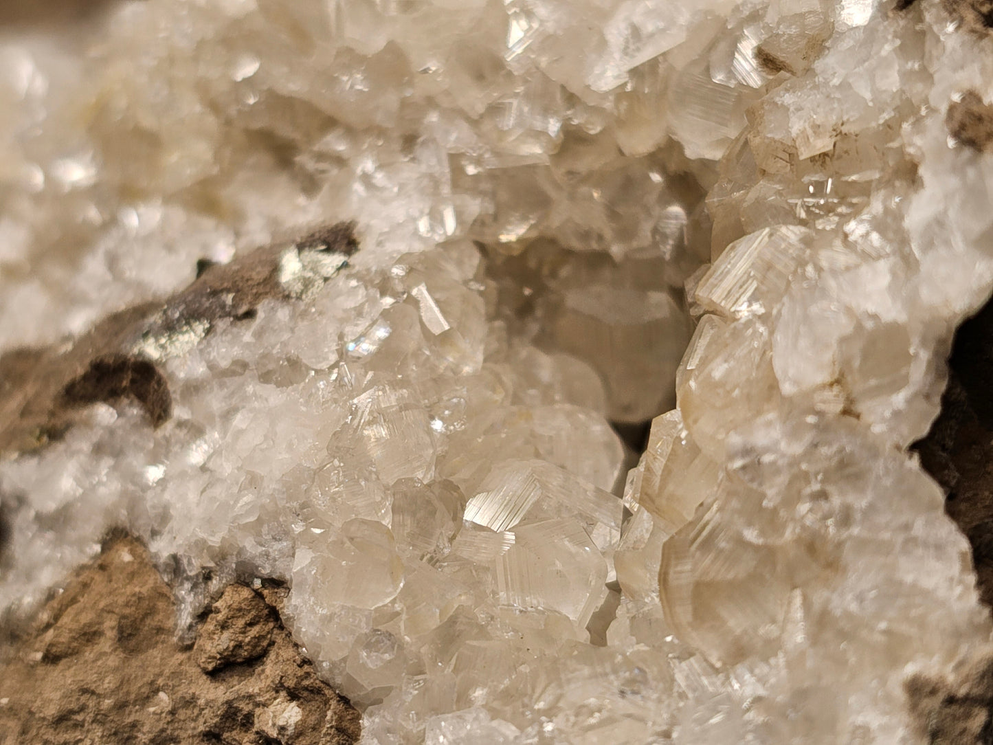 #33053 Super clear Nailhead Spar Calcite cluster, Chalcopyrite ore and multiple small fossils in the matrix