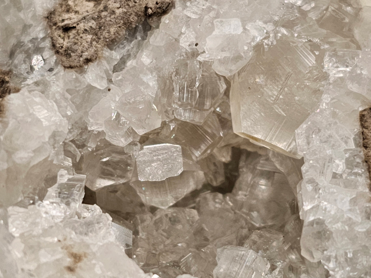 #33053 Super clear Nailhead Spar Calcite cluster, Chalcopyrite ore and multiple small fossils in the matrix