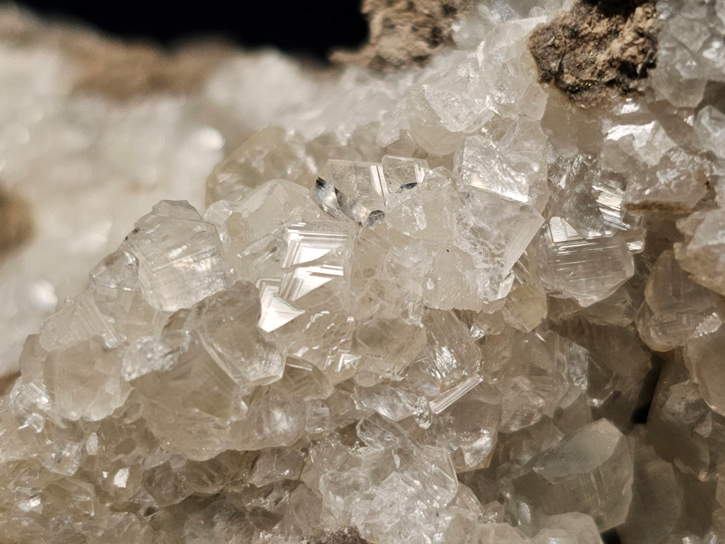 #33053 Super clear Nailhead Spar Calcite cluster, Chalcopyrite ore and multiple small fossils in the matrix