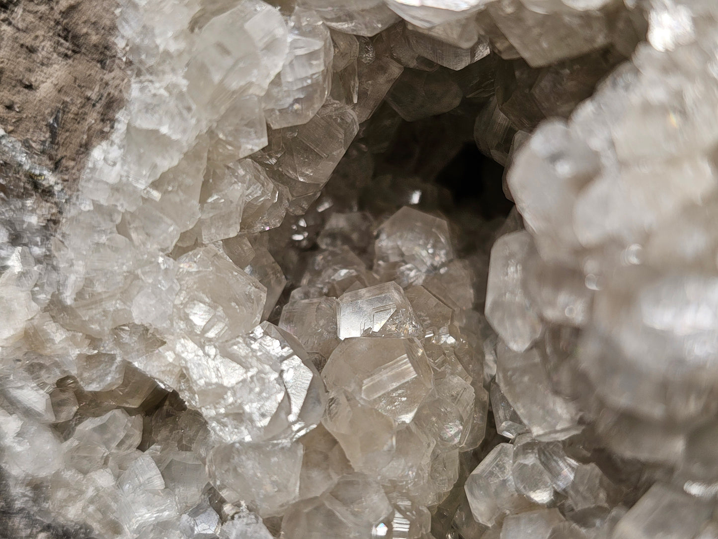 #33027 Super clear Nailhead Spar Calcite geode, Chalcopyrite ore and multiple small fossils in the matrix
