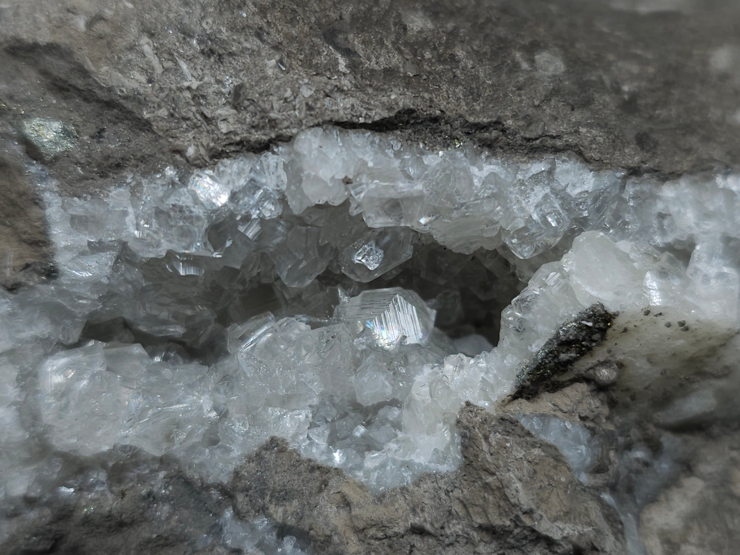 #33039 Super clear Nailhead Spar Calcite geode, Chalcopyrite ore and multiple small fossils in the matrix