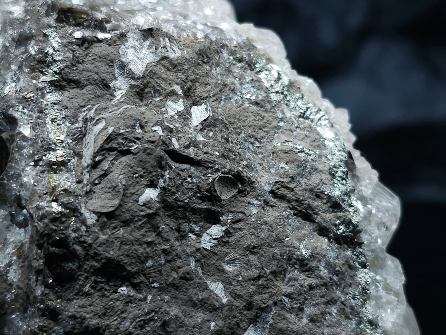#33068 Super clear Nailhead Spar Calcite cluster, Chalcopyrite ore and multiple small fossils in the matrix