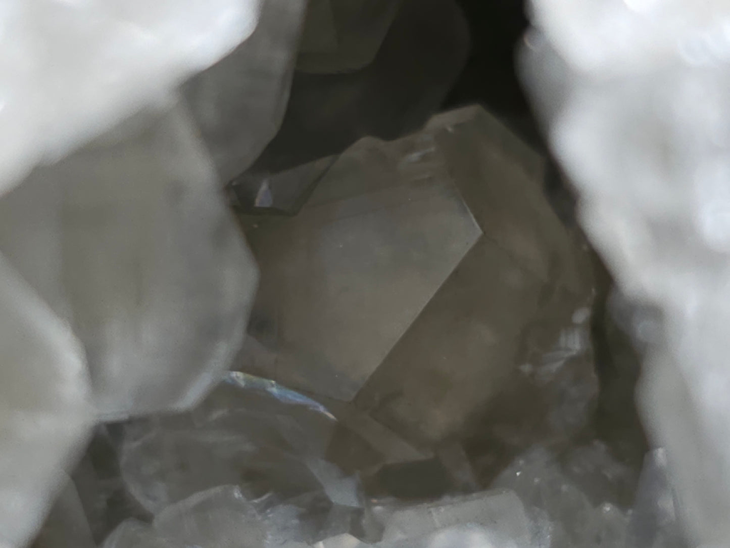 #33063 Super clear Nailhead Spar Calcite geode, Chalcopyrite ore and multiple small fossils in the matrix