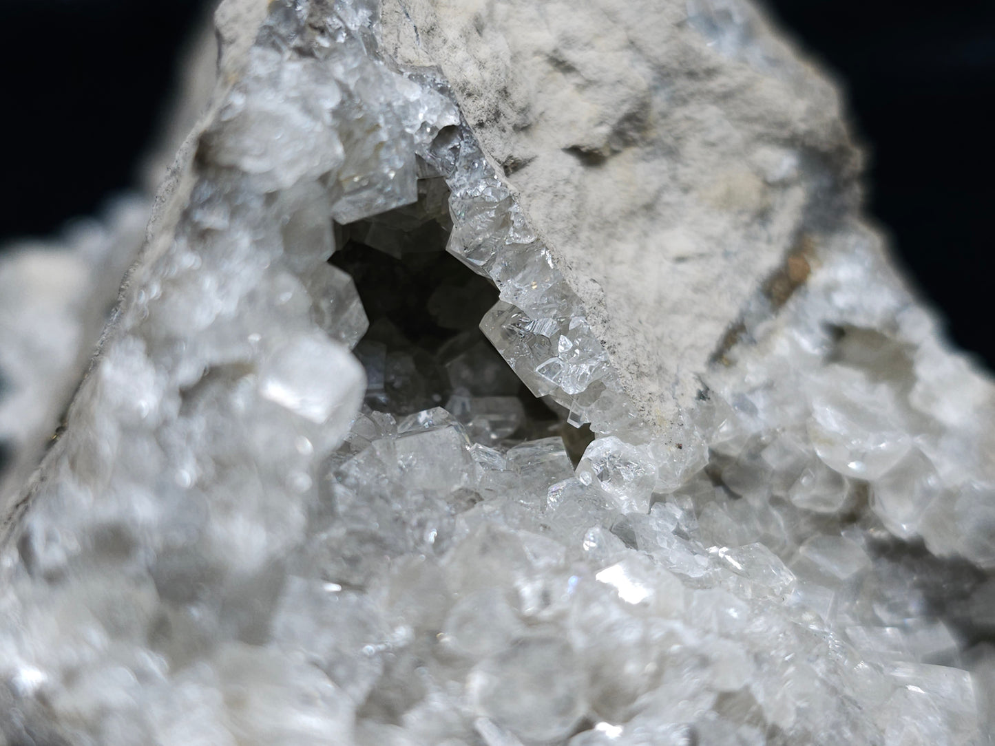 #33050 Super clear Nailhead Spar Calcite small geode, Chalcopyrite ore and multiple small fossils in the matrix
