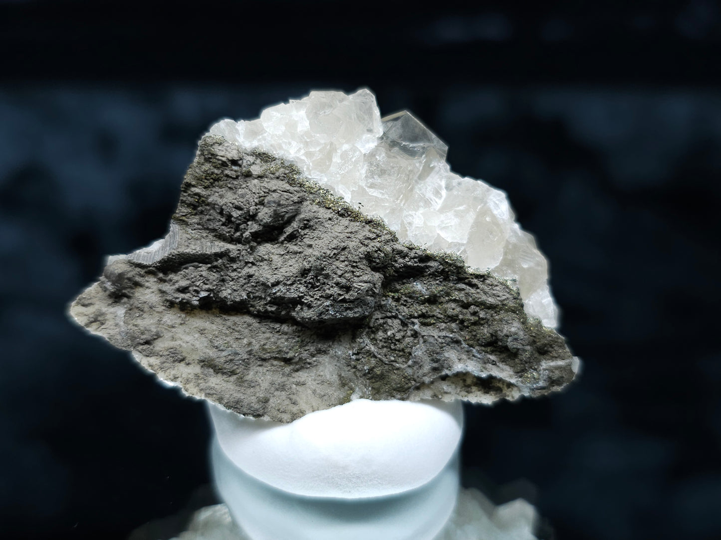 #33058 Super clear Nailhead Spar Calcite cluster, Chalcopyrite ore and multiple small fossils in the matrix
