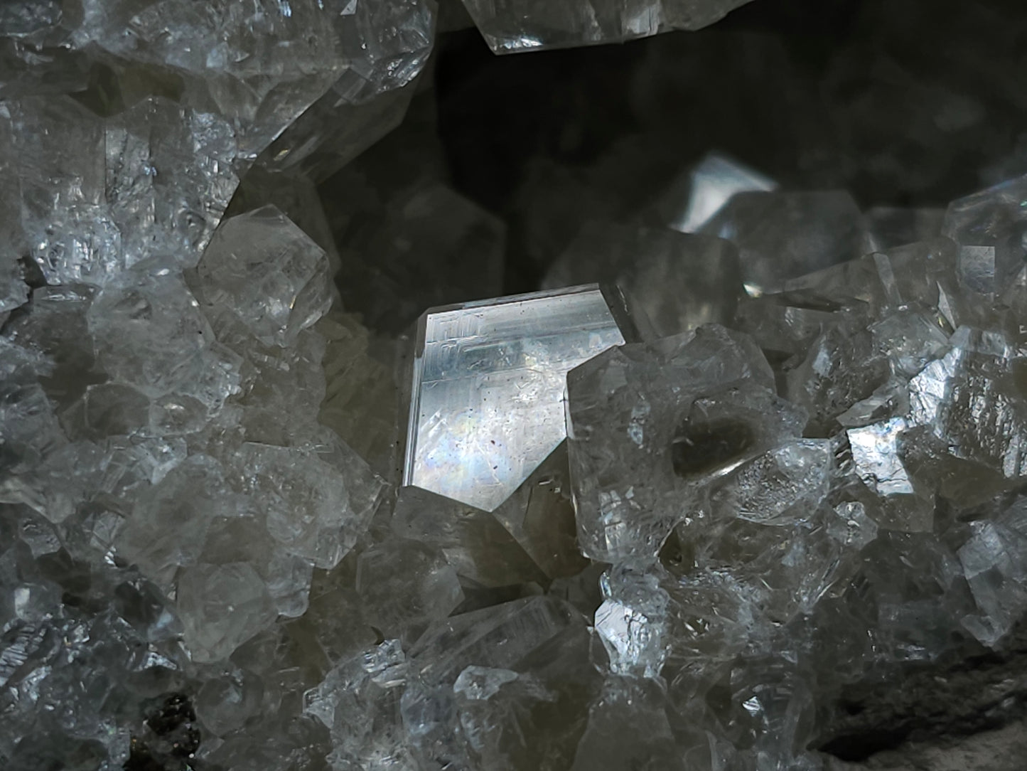 #33073 Super clear Nailhead Spar Calcite cluster, Chalcopyrite ore and multiple small fossils in the matrix