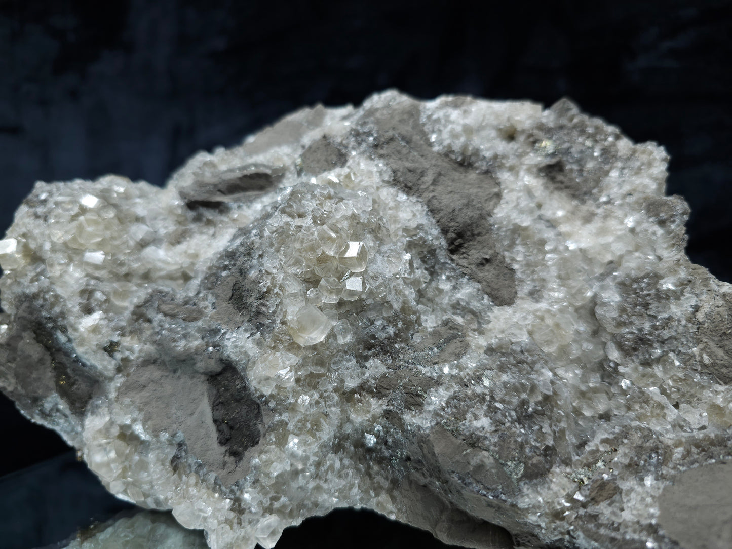 #33069 Super clear Nailhead Spar Calcite cluster, Chalcopyrite ore and multiple small fossils in the matrix