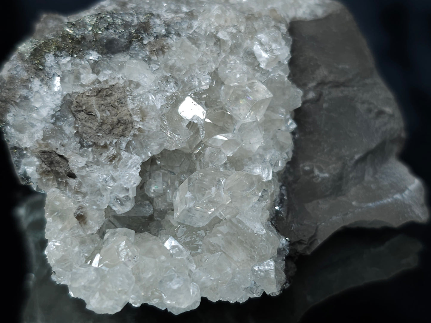 #33097 Super clear Nailhead Spar Calcite cluster, Chalcopyrite ore and multiple small fossils in the matrix