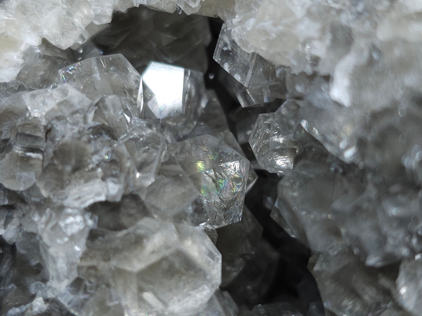 #33019 Super clear Nailhead Spar Calcite geode with Chalcopyrite ore and multiple small fossils in the matrix
