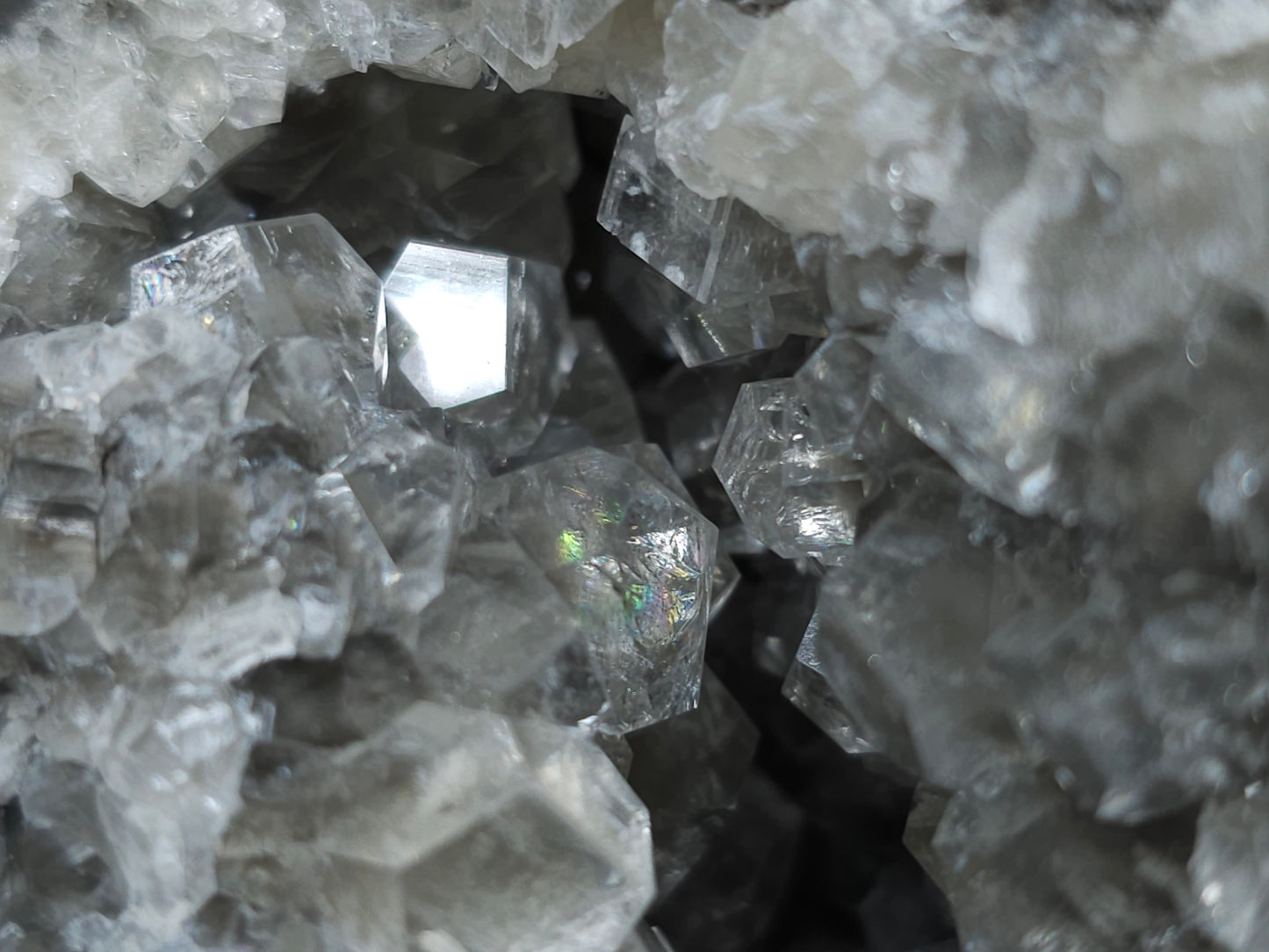 #33019 Super clear Nailhead Spar Calcite geode with Chalcopyrite ore and multiple small fossils in the matrix