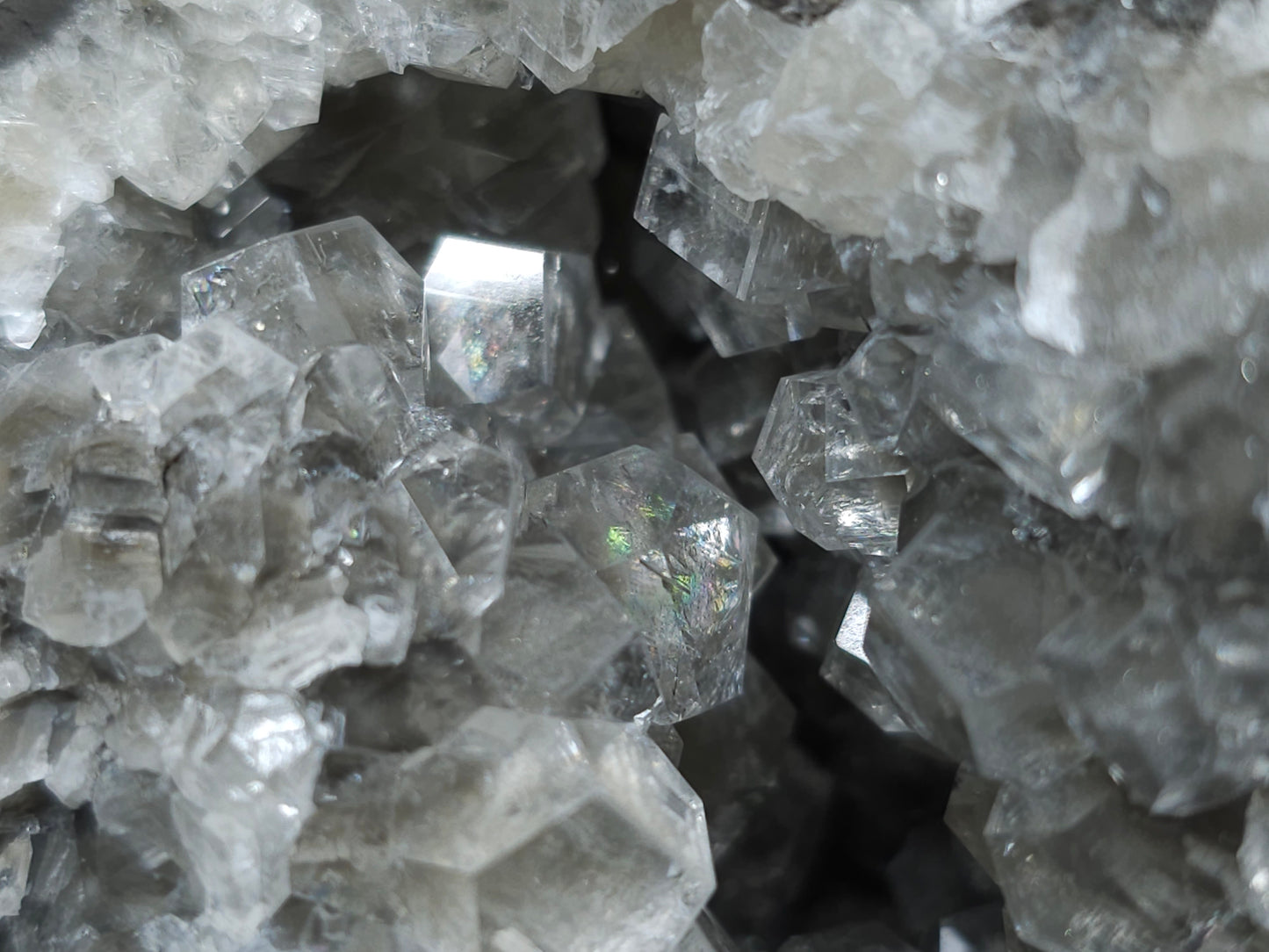 #33019 Super clear Nailhead Spar Calcite geode with Chalcopyrite ore and multiple small fossils in the matrix