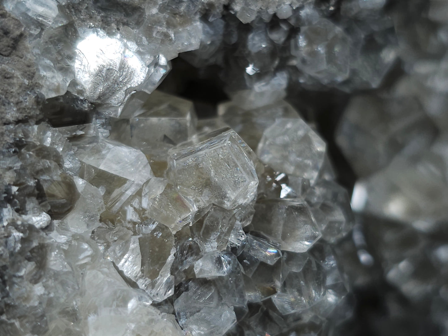 #33019 Super clear Nailhead Spar Calcite geode with Chalcopyrite ore and multiple small fossils in the matrix