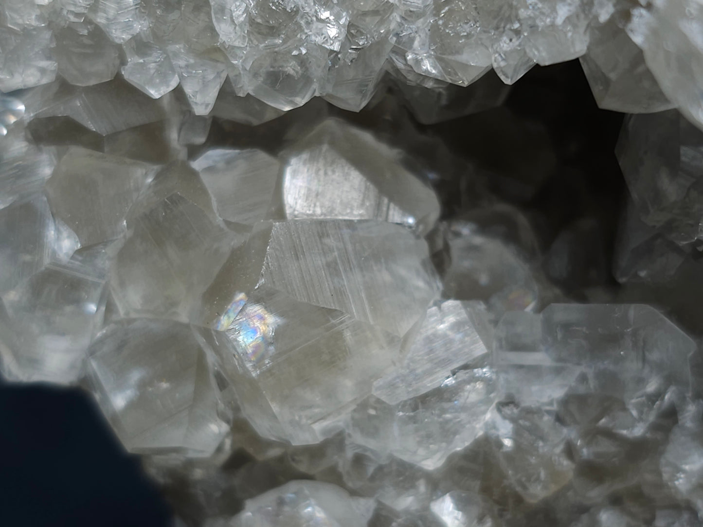 #33107 Super clear Nailhead Spar Calcite geode with Chalcopyrite ore and multiple small fossils in the matrix