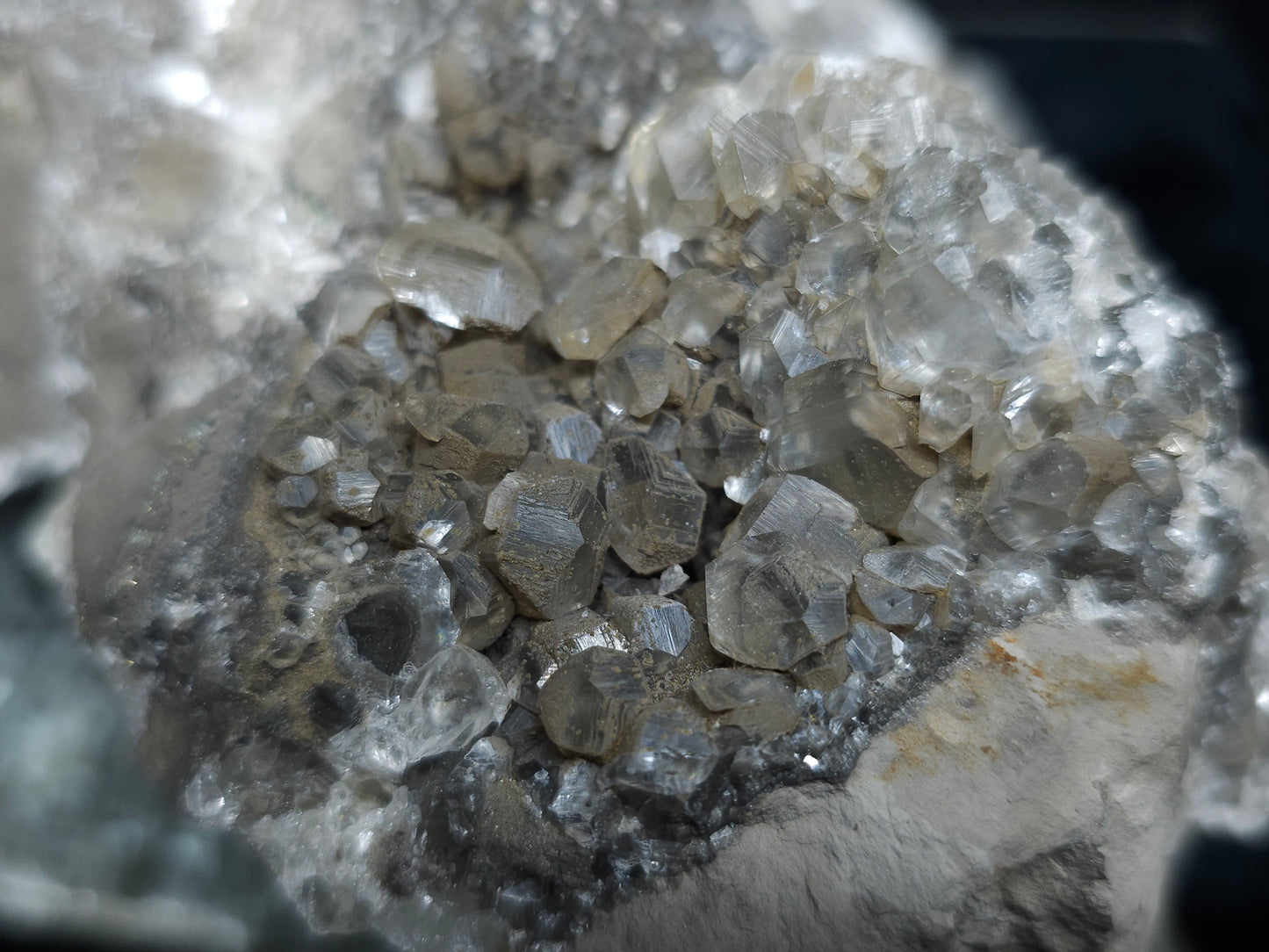 #33067 Super clear Nailhead Spar Calcite cluster, Chalcopyrite ore and multiple small fossils in the matrix