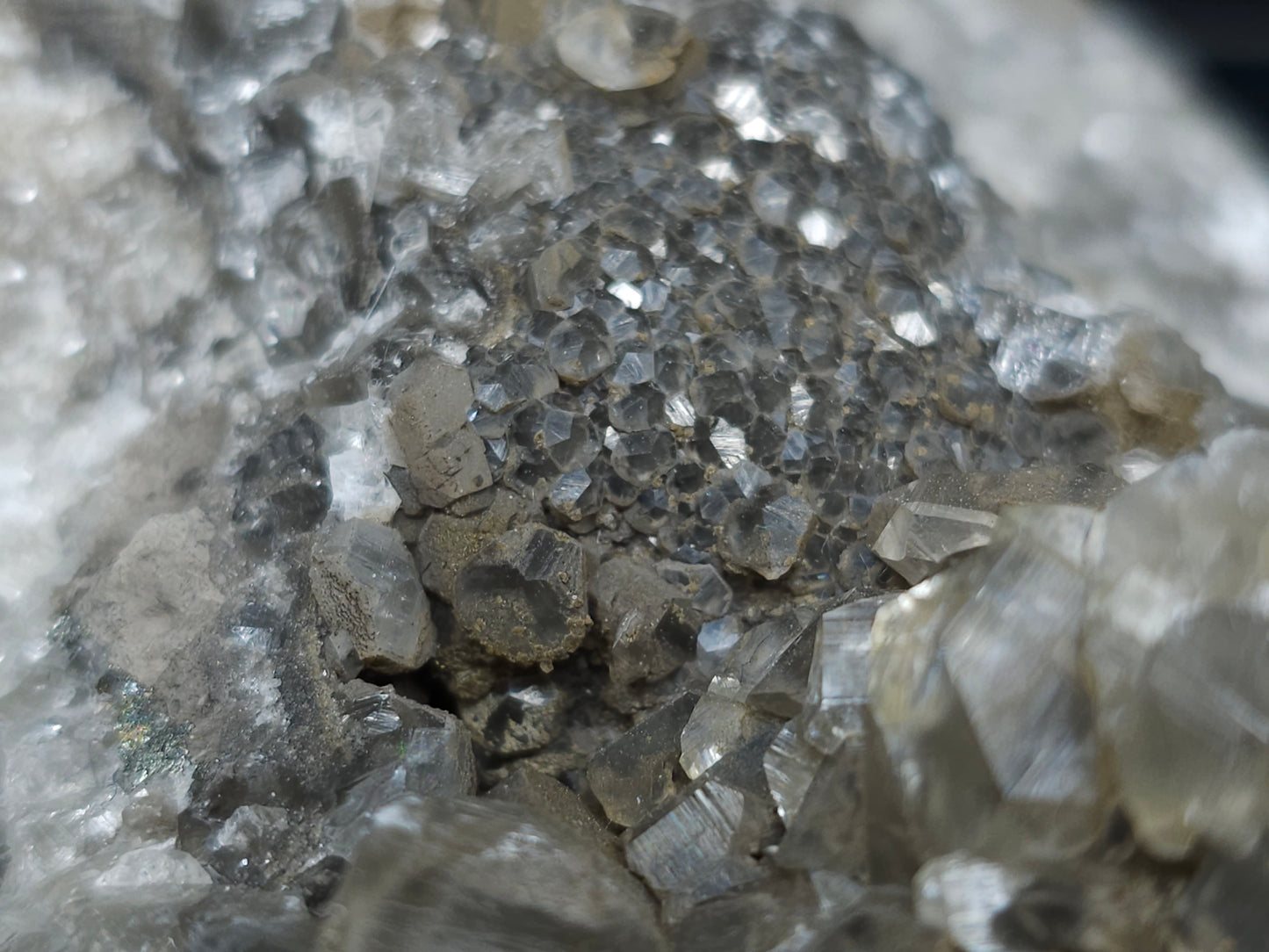 #33067 Super clear Nailhead Spar Calcite cluster, Chalcopyrite ore and multiple small fossils in the matrix