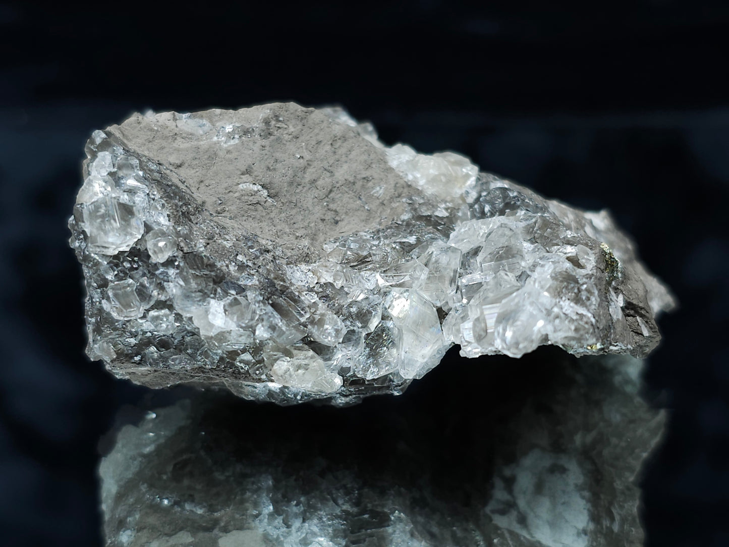 #33061 Super clear Nailhead Spar Calcite cluster, Chalcopyrite ore and multiple small fossils in the matrix