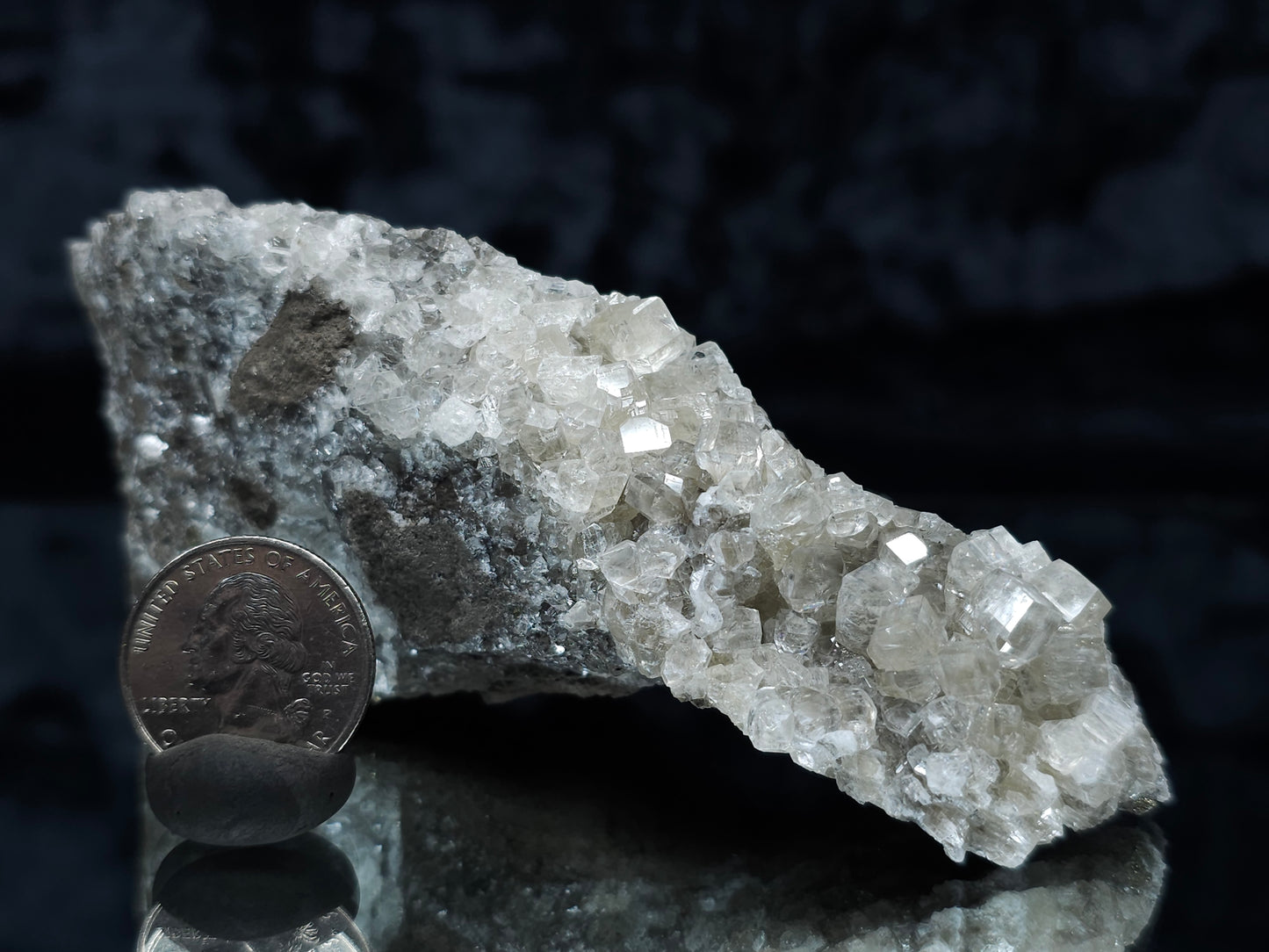 #33079 Super clear Nailhead Spar Calcite cluster, Chalcopyrite ore and multiple small fossils in the matrix.
