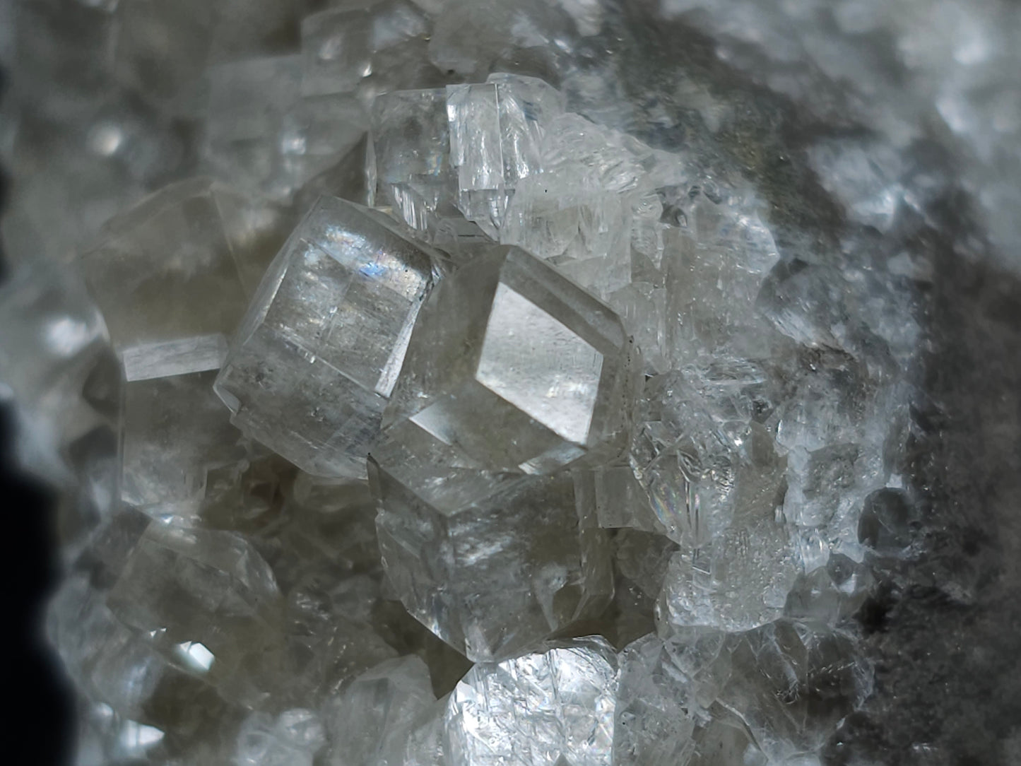 #33079 Super clear Nailhead Spar Calcite cluster, Chalcopyrite ore and multiple small fossils in the matrix.