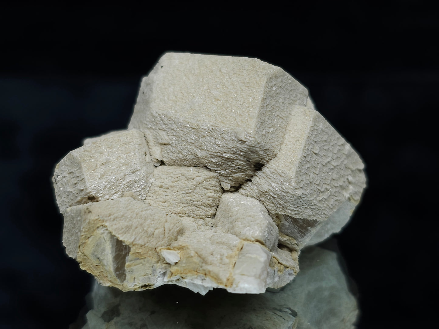 #88025 Hematite on cream-white Calcite pseudomorph after triple Combined form Calcite