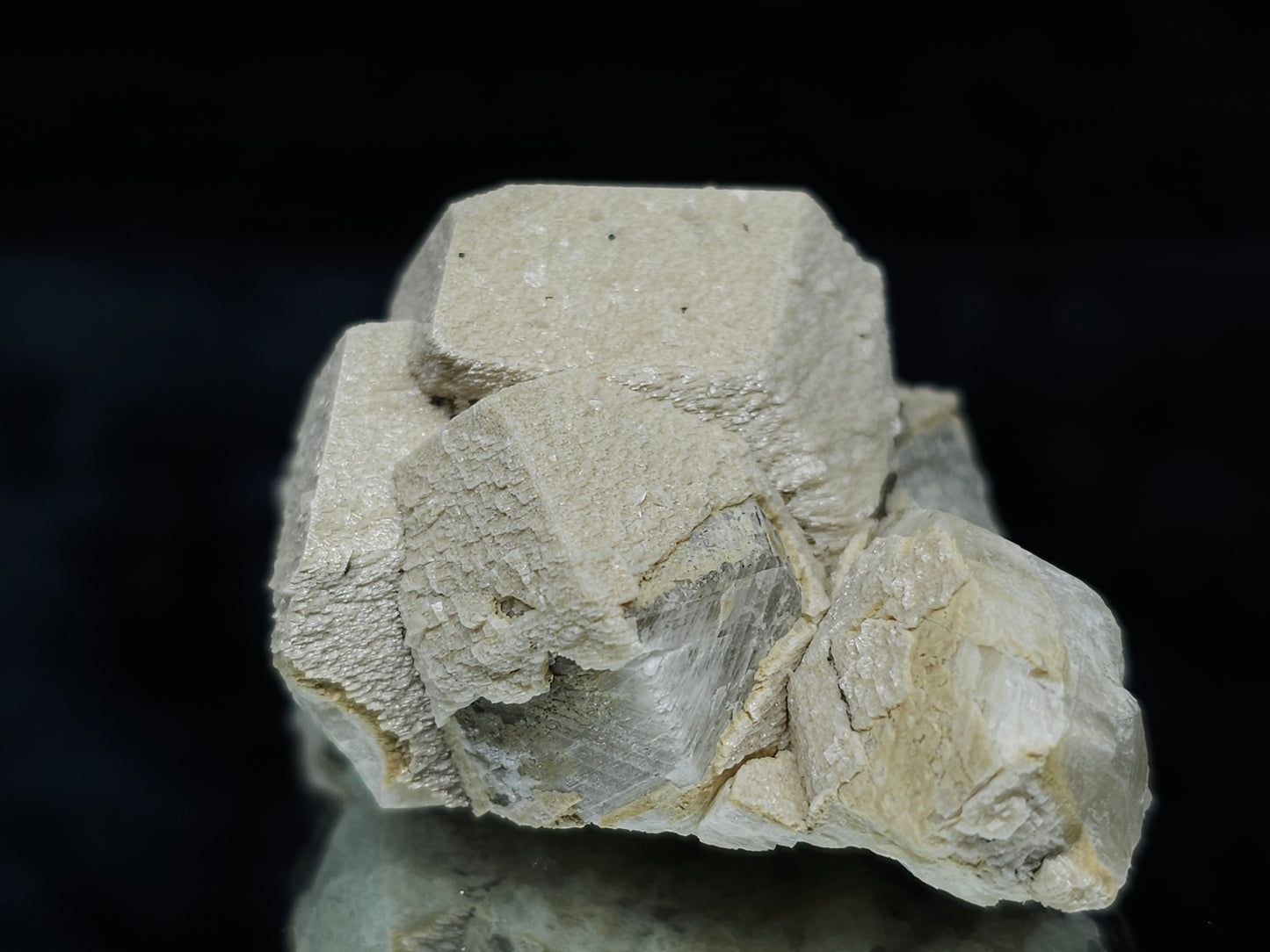 #88025 Hematite on cream-white Calcite pseudomorph after triple Combined form Calcite