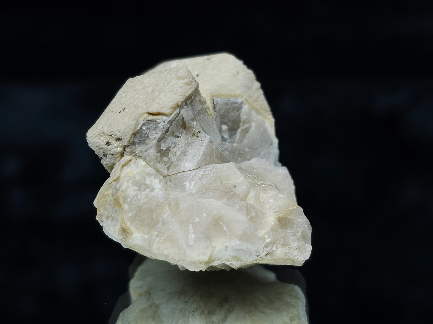 #88026 Hematite on cream-white Calcite pseudomorph after twin Combined from Calcite